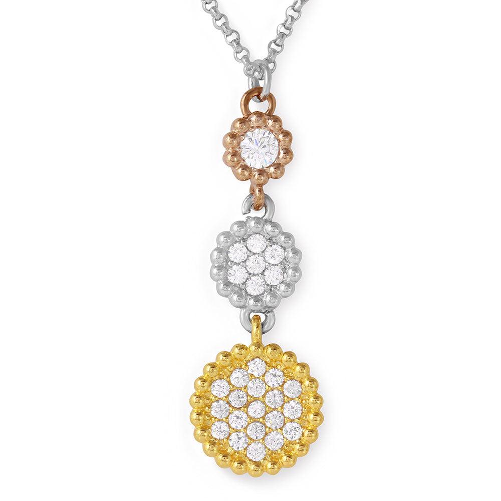 Silver 925 Rhodium Plated Graduated 3 Toned Circle Drop Necklace - ARN00021TRI | Silver Palace Inc.