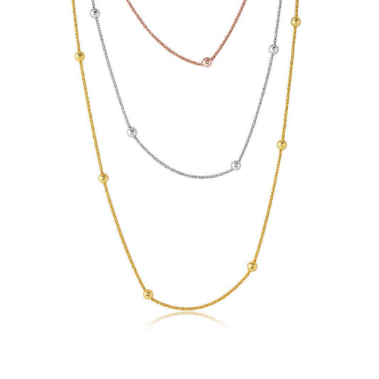 Silver 925 3 Toned 3 Strands Roc Chain With Bead Necklace - ARN00028TRI | Silver Palace Inc.