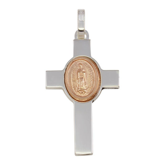 Silver 925 Rhodium Plated Cross Pendant with Rose Gold Plated Medallion - ARP00038RGP | Silver Palace Inc.