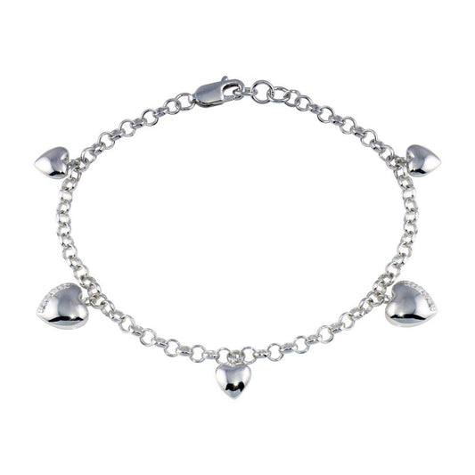 Silver 925 Rhodium Plated Multiple Heart CZ Dangling Bracelet - BGB00019 | Silver Palace Inc.