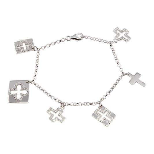 Silver 925 Rhodium Plated Multiple Dangling Cross Objects CZ Bracelet - BGB00052 | Silver Palace Inc.