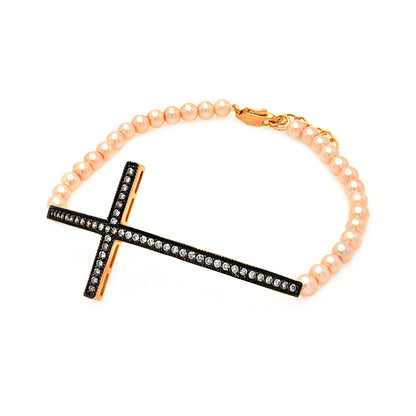 Silver 925 Gold and Black Rhodium Plated Sideways Cross CZ Champagne Pearl Bracelet - BGB00105