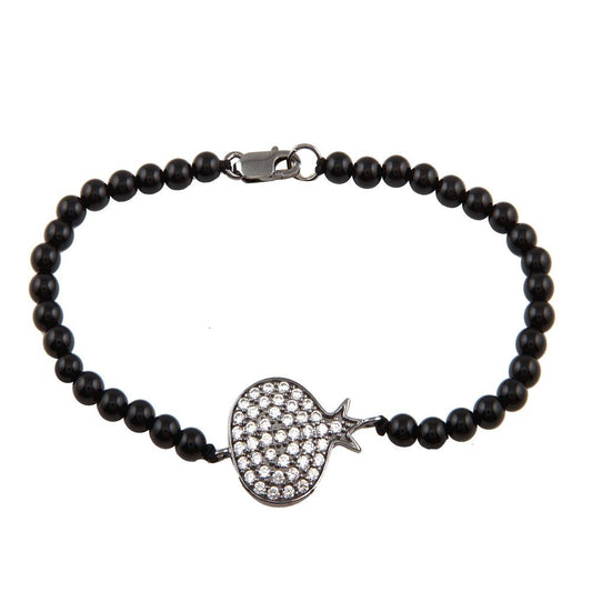 Silver 925 Rhodium Plated Circle Crown CZ Inlay Black Bead Bracelet - BGB00140 | Silver Palace Inc.