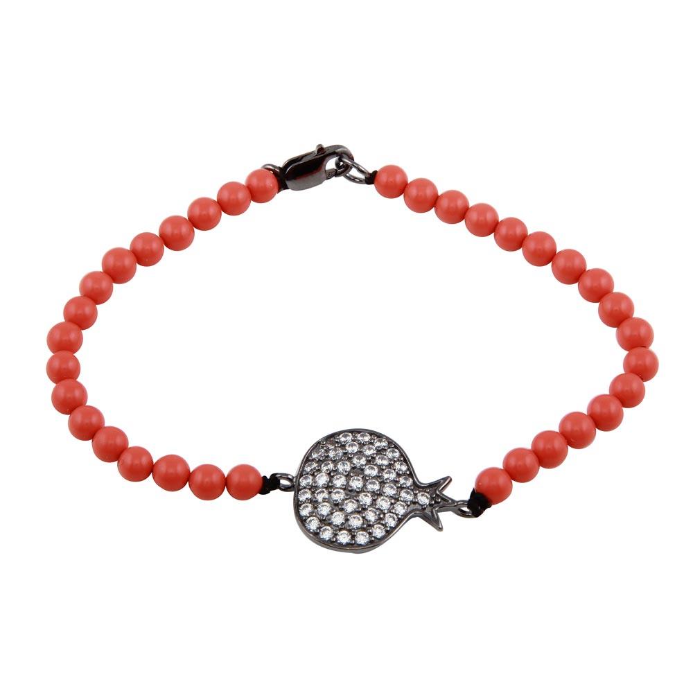 Silver 925 Rhodium Plated Circle Crown Clear CZ Orange Bead Bracelet - BGB00141 | Silver Palace Inc.