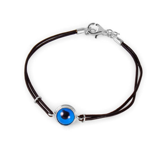 Silver 925 Round Evil Eye Leather Strap Bracelet - BGB00144 | Silver Palace Inc.