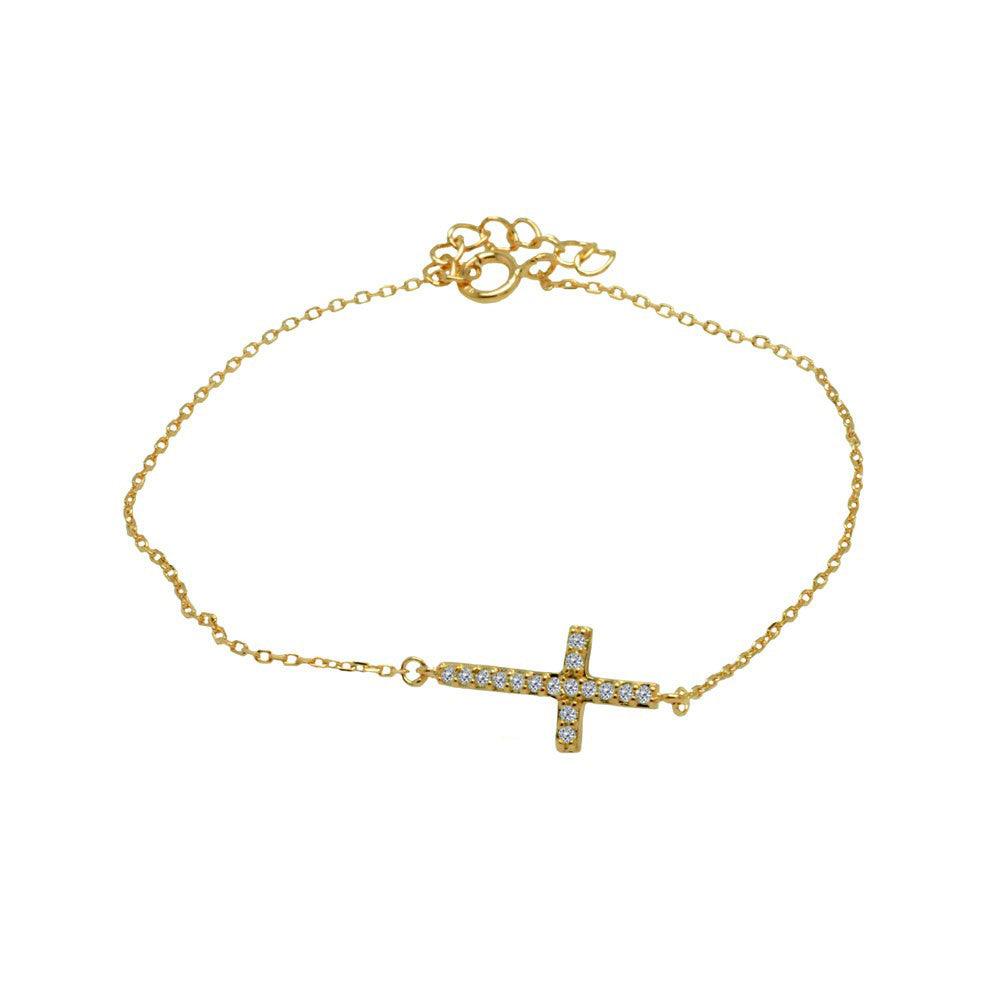 Silver 925 Gold Plated Sideways Cross Clear CZ Inlay Bracelet - BGB00145 | Silver Palace Inc.