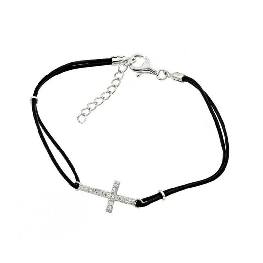 Silver 925 Rhodium Plated Sideways Cross CZ Black Leather Cord Bracelet - BGB00152RHD | Silver Palace Inc.