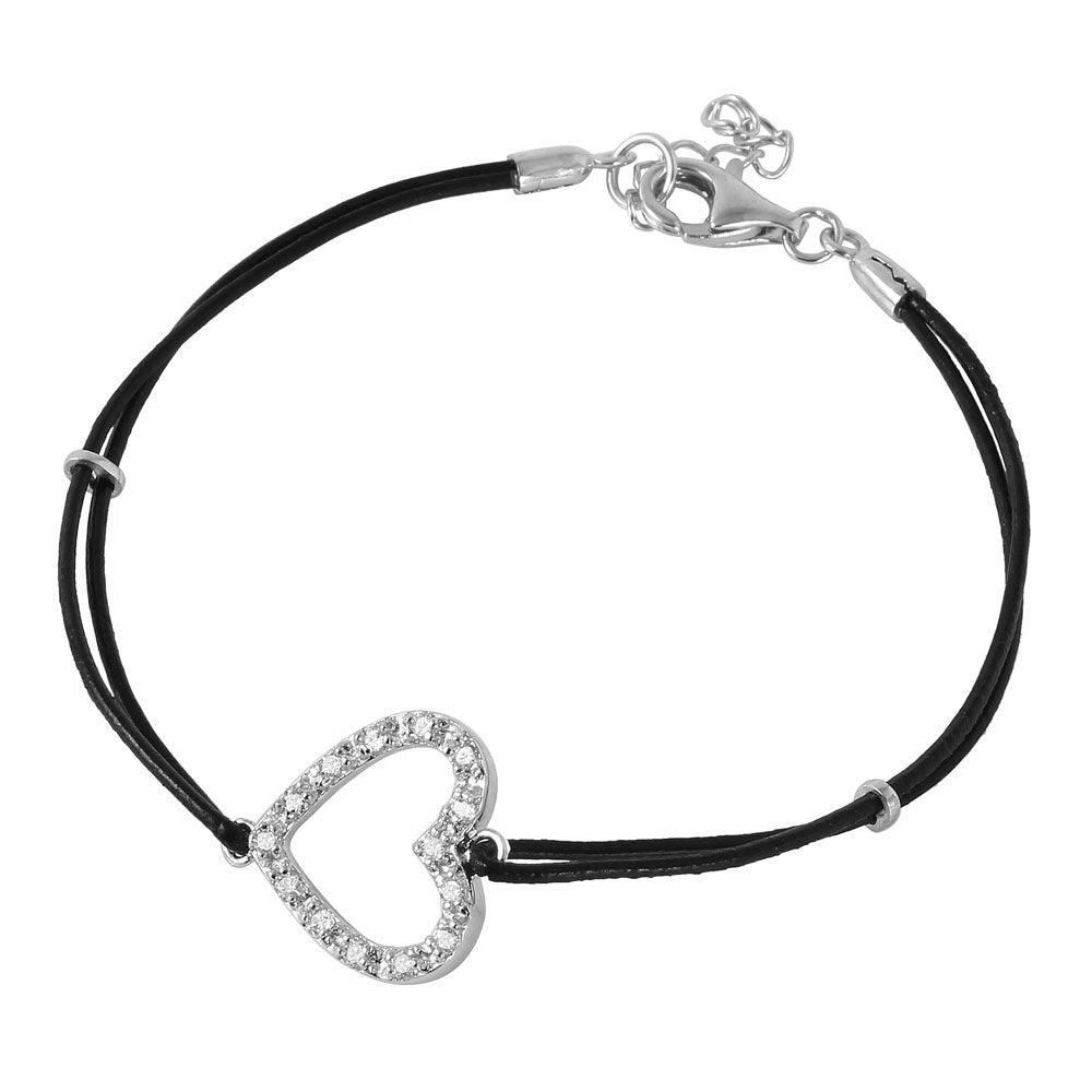 Silver 925 CZ Open Heart Leather Strap Bracelet - BGB00153 | Silver Palace Inc.