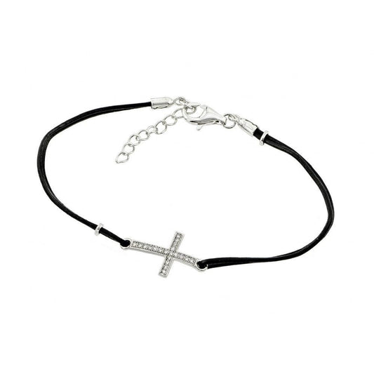 Silver 925 Rhodium Plated Sideways Cross CZ Black Leather Cord Bracelet - BGB00156RHD | Silver Palace Inc.