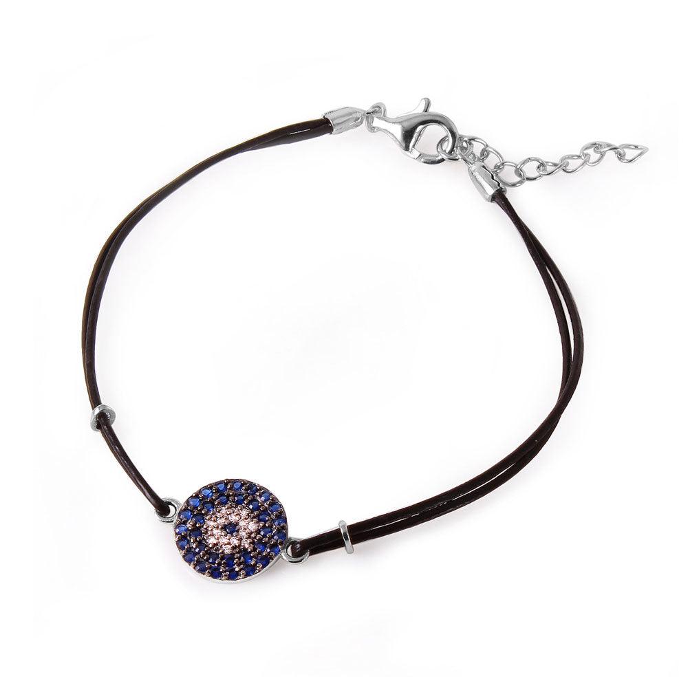 Silver 925 Blue CZ Evil Eye Leather Strap Bracelet - BGB00160 | Silver Palace Inc.