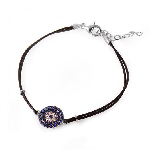 Silver 925 Blue CZ Evil Eye Leather Strap Bracelet - BGB00160 | Silver Palace Inc.