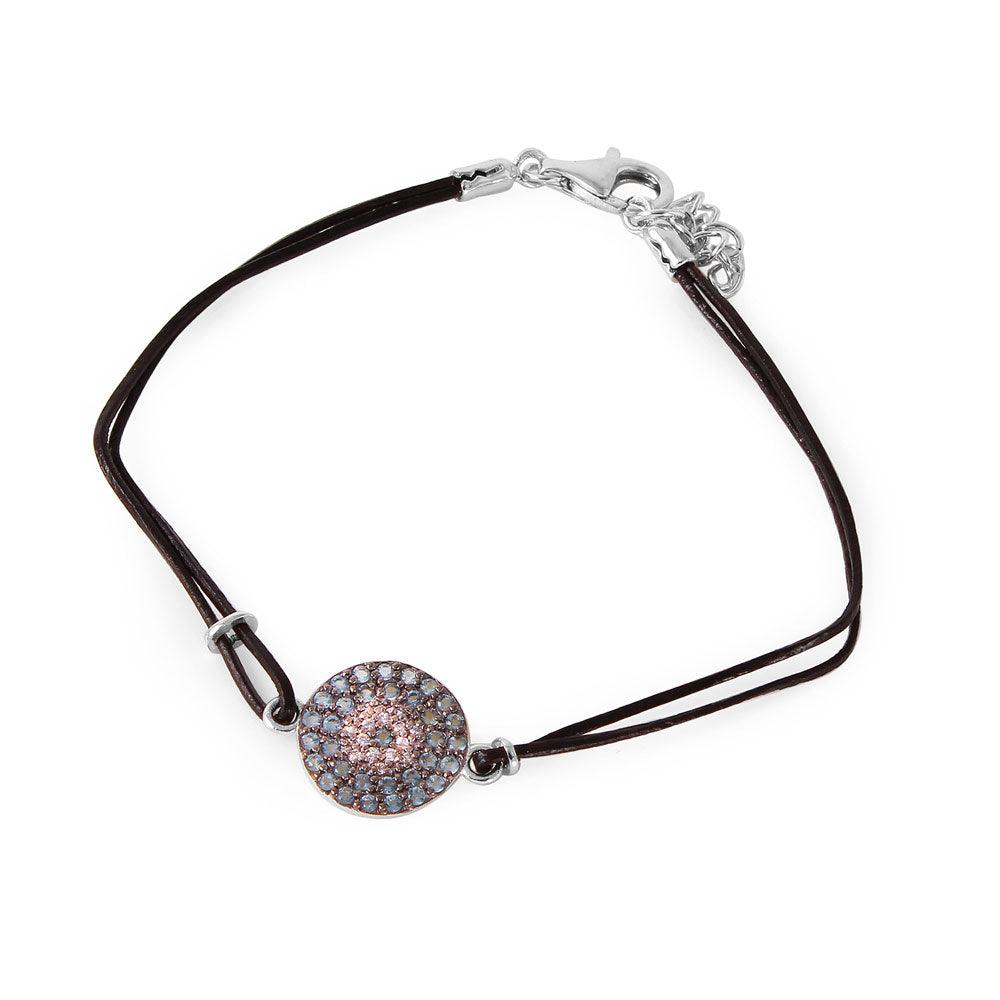 Silver 925 Light Blue CZ Evil Eye Leather Strap Bracelet - BGB00161 | Silver Palace Inc.