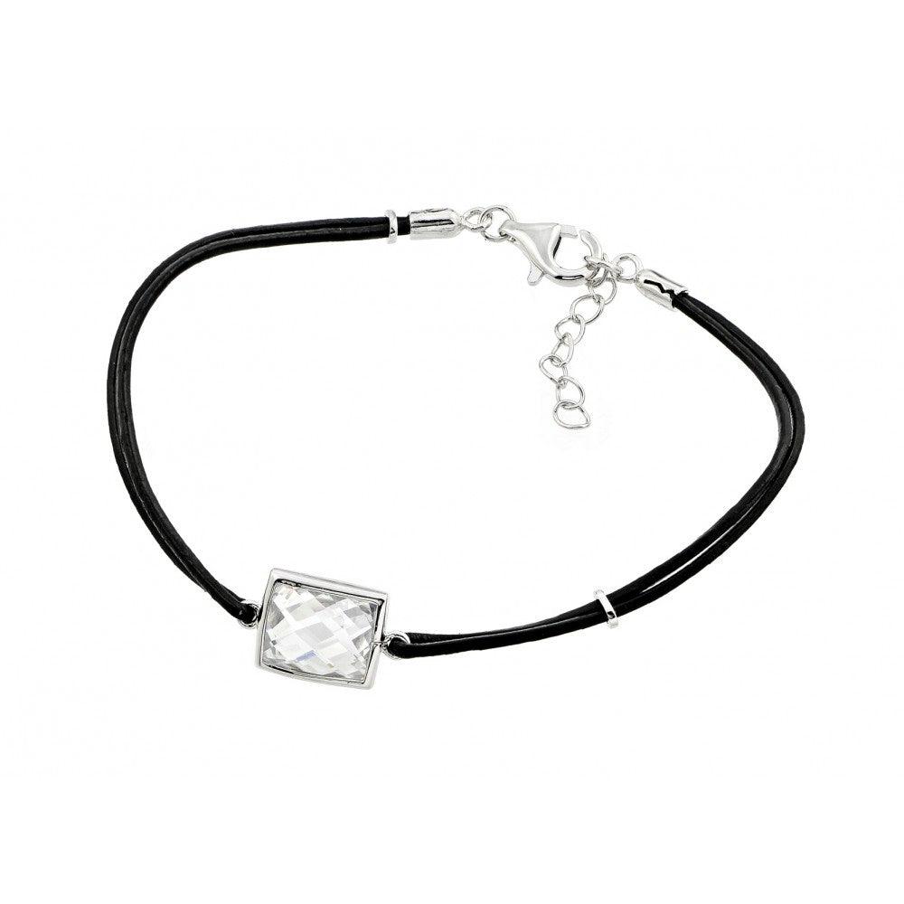 Silver 925 Rhodium Plated Square CZ Black Rope Bracelet - BGB00176 | Silver Palace Inc.