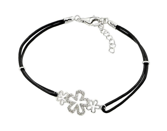 Silver 925 Rhodium Plated Past Present Future Open Flower CZ Black Rope Bracelet - BGB00177 | Silver Palace Inc.