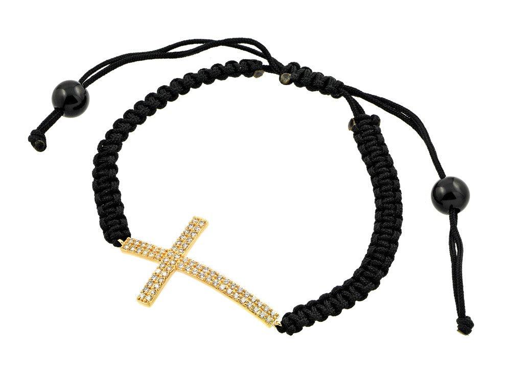 Silver 925 Gold Plated Sideways Cross CZ Black Braided Cord Bracelet - BGB00179GP | Silver Palace Inc.