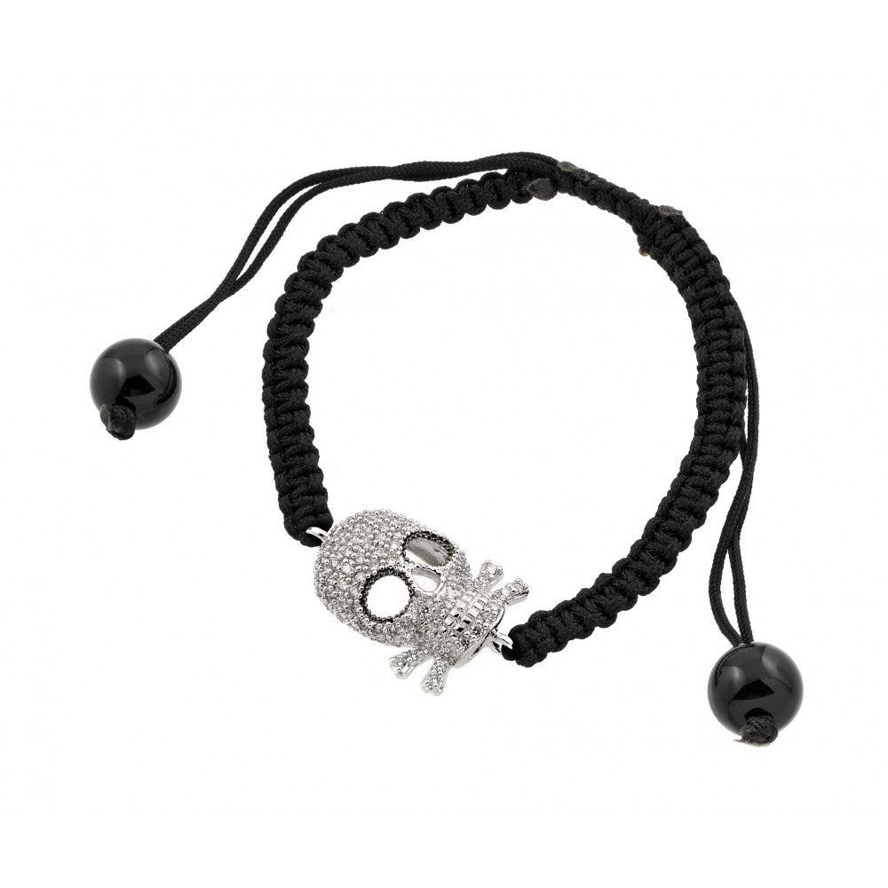 Silver 925 Rhodium Plated Open Skull CZ Black Braided Bracelet - BGB00181 | Silver Palace Inc.