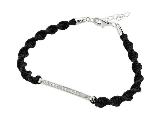 Silver 925 Rhodium Plated ID Bar CZ Black Twisted Braided Bracelet - BGB00183 | Silver Palace Inc.