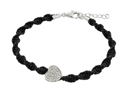 Silver 925 Rhodium Plated Heart CZ Black Twisted Braided Cord Bracelet - BGB00185 | Silver Palace Inc.