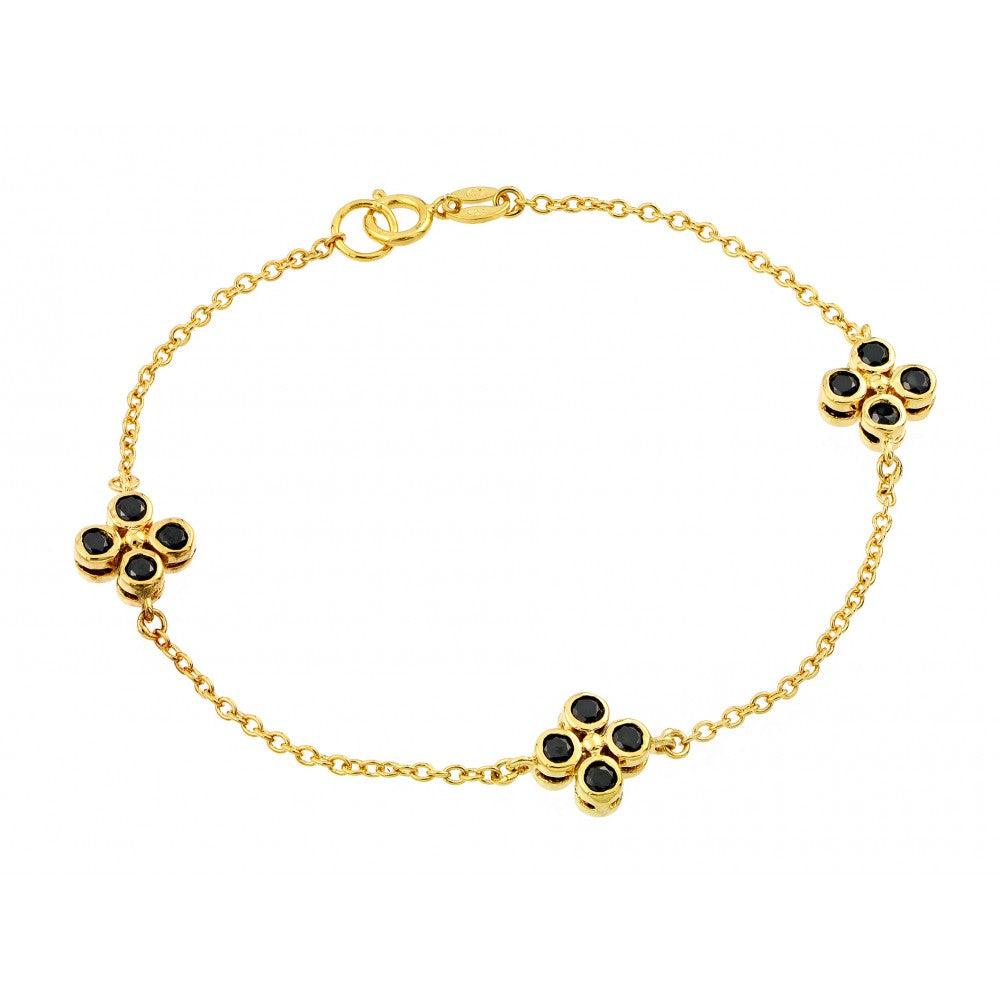 Silver 925 Gold Plated Three Clover Black CZ Inlay Bracelet - BGB00189 | Silver Palace Inc.