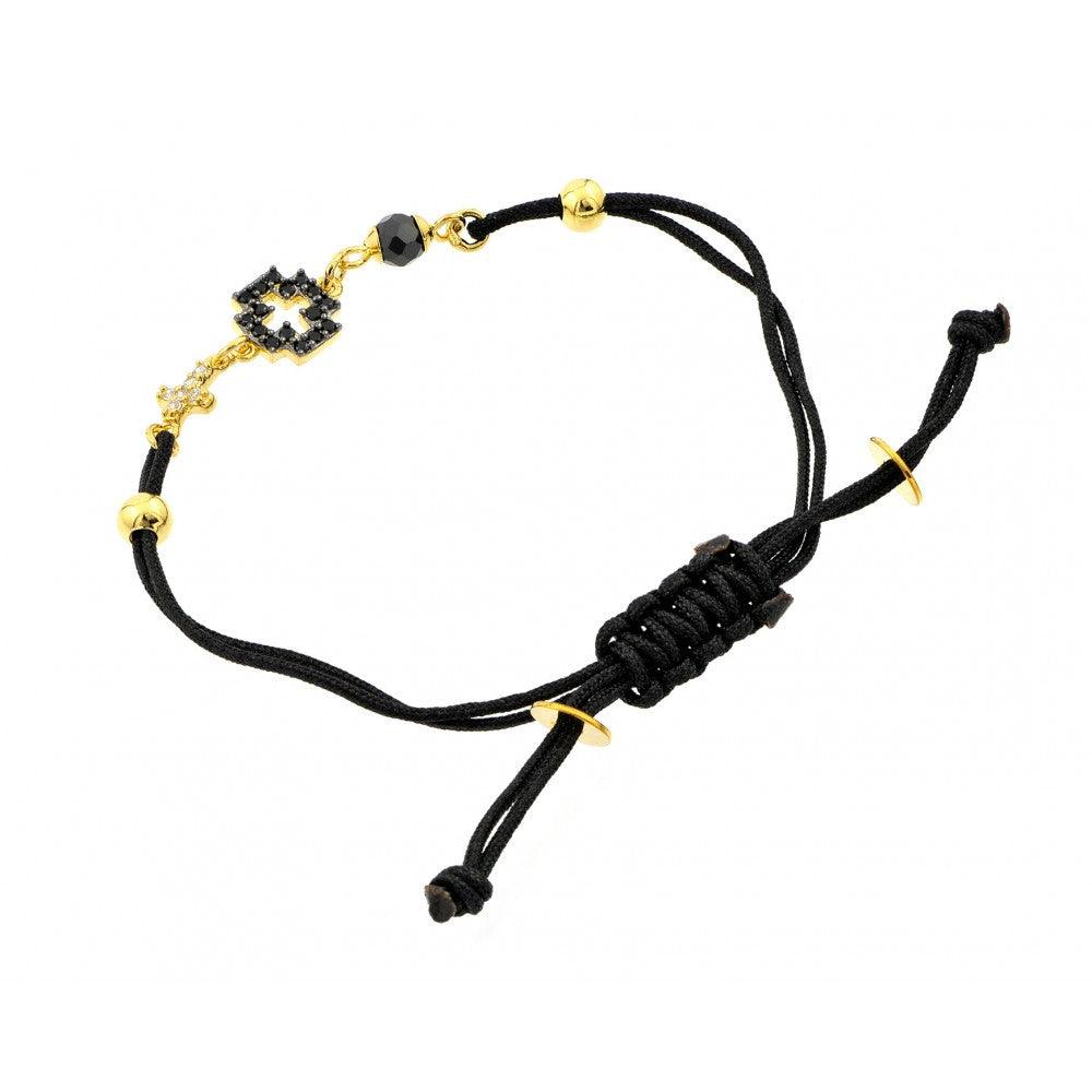 Silver 925 Gold Plated Charm CZ Black Cord Bracelet - BGB00192 | Silver Palace Inc.