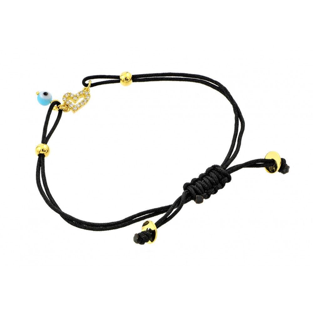 Silver 925 Gold Plated Evil Eye Dangling CZ Black Cord Bracelet - BGB00193 | Silver Palace Inc.