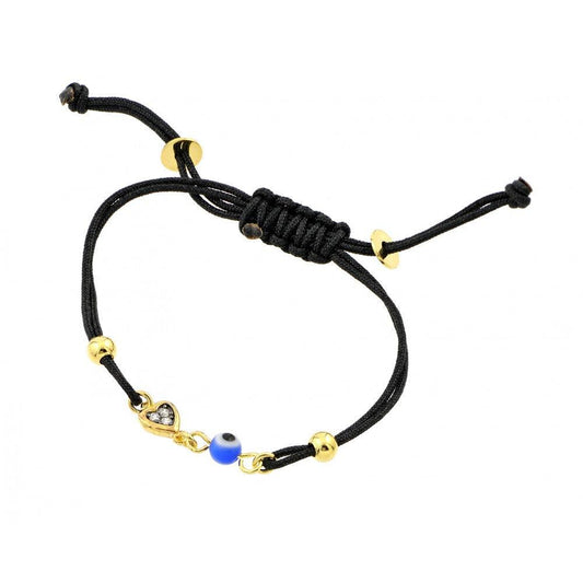 Silver 925 Gold Plated Heart Evil Eye CZ Black Cord Bracelet - BGB00199 | Silver Palace Inc.