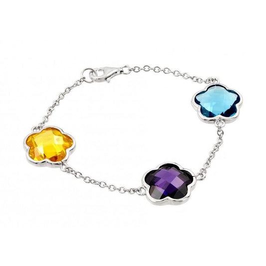 Silver 925 Rhodium Plated Multi Colored CZ Flower Bracelet - BGB00201 | Silver Palace Inc.