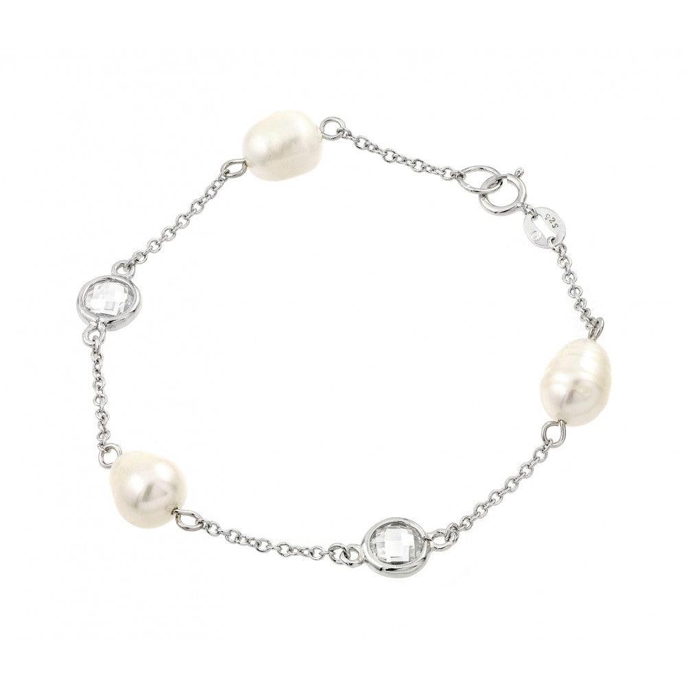 Silver 925 Rhodium Plated Multi Pearl Clear CZ Bracelet - BGB00217 | Silver Palace Inc.