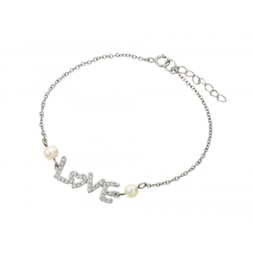 Silver 925 Rhodium Plated Love Fresh Water Pearl Bracelet - BGB00224 | Silver Palace Inc.