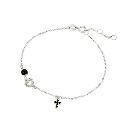 Silver 925 Rhodium Plated Onyx Cross Heart Bracelet - BGB00226 | Silver Palace Inc.