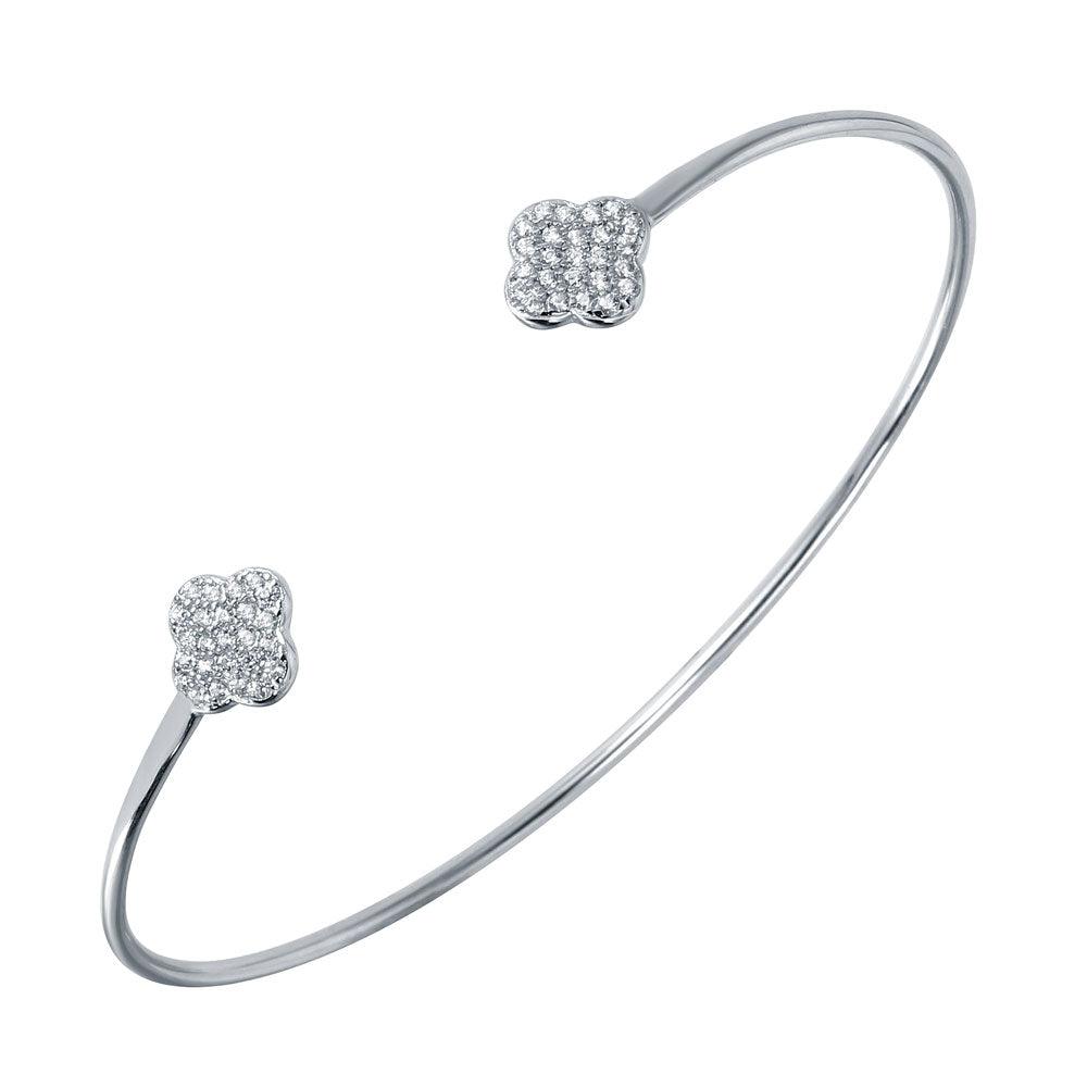 Silver 925 Rhodium Plated CZ Clover Shaped Cuff Bracelet - BGB00238 | Silver Palace Inc.