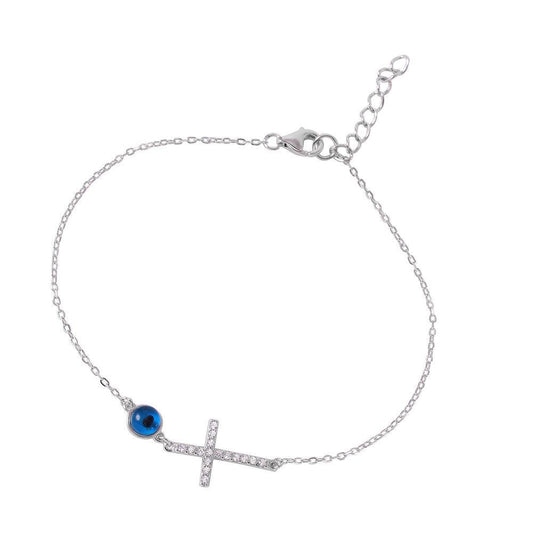 Silver 925 Rhodium Plated Clear CZ Cross with Evil Eye Bracelet - BGB00244 | Silver Palace Inc.