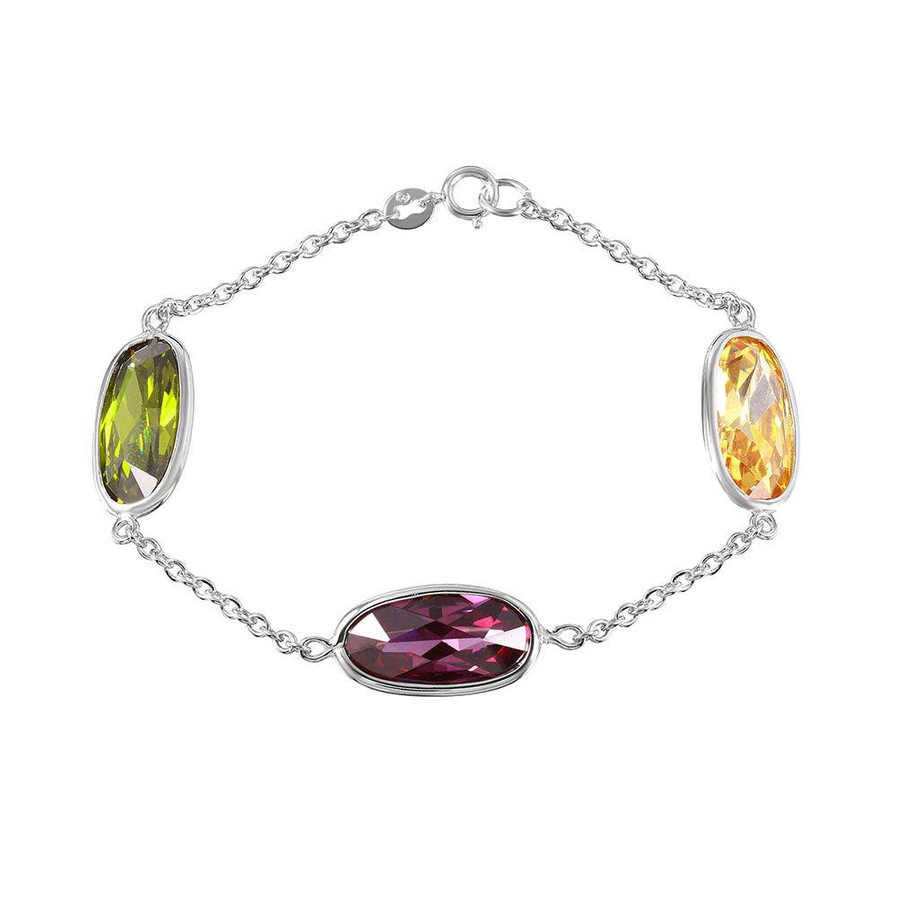 Silver 925 3 Multi Color Oval Ship CZ Link Bracelet - BGB00261 | Silver Palace Inc.