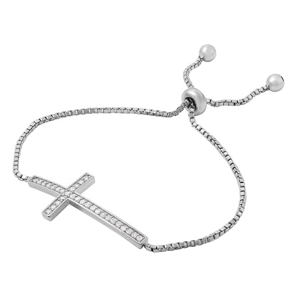 Silver 925 Rhodium Plated CZ Cross Box Chain Lariat Bracelet - BGB00273 | Silver Palace Inc.