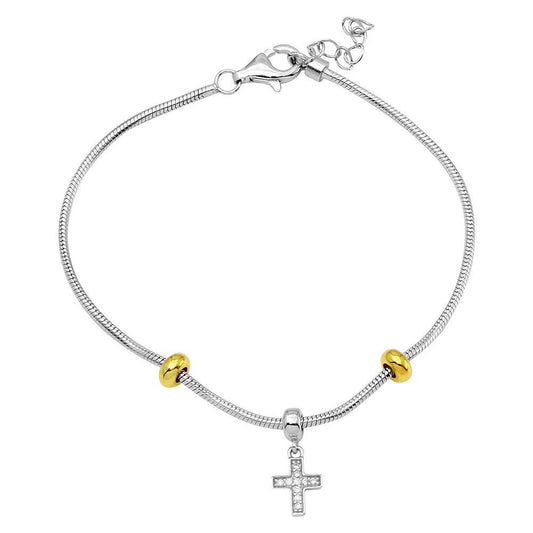 Silver 925 Rhodium Plated Snake Bracelet with CZ Cross Charm - BGB00288 | Silver Palace Inc.