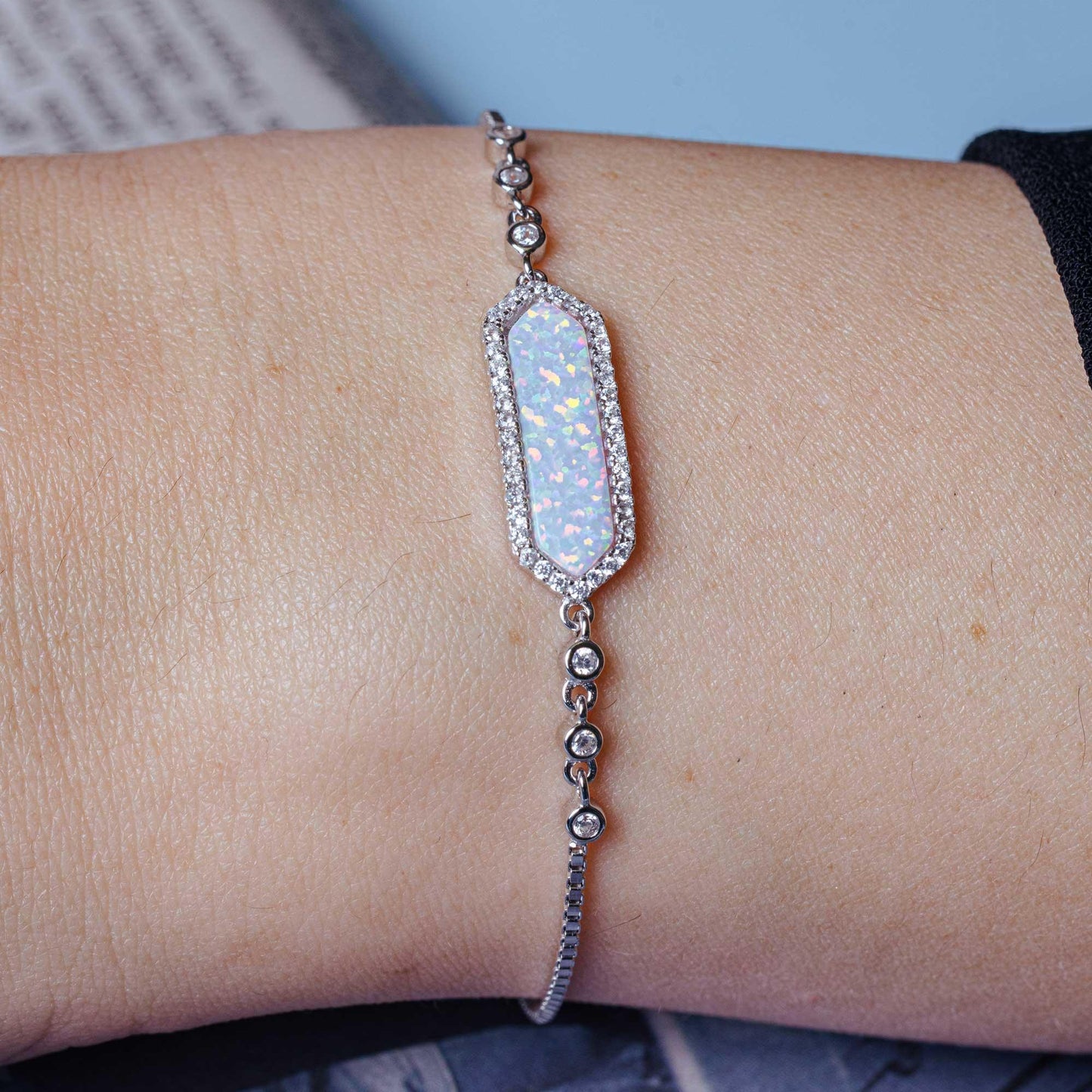 Silver 925 Rhodium Plated White Opal with CZ Lariat Bracelet - BGB00297