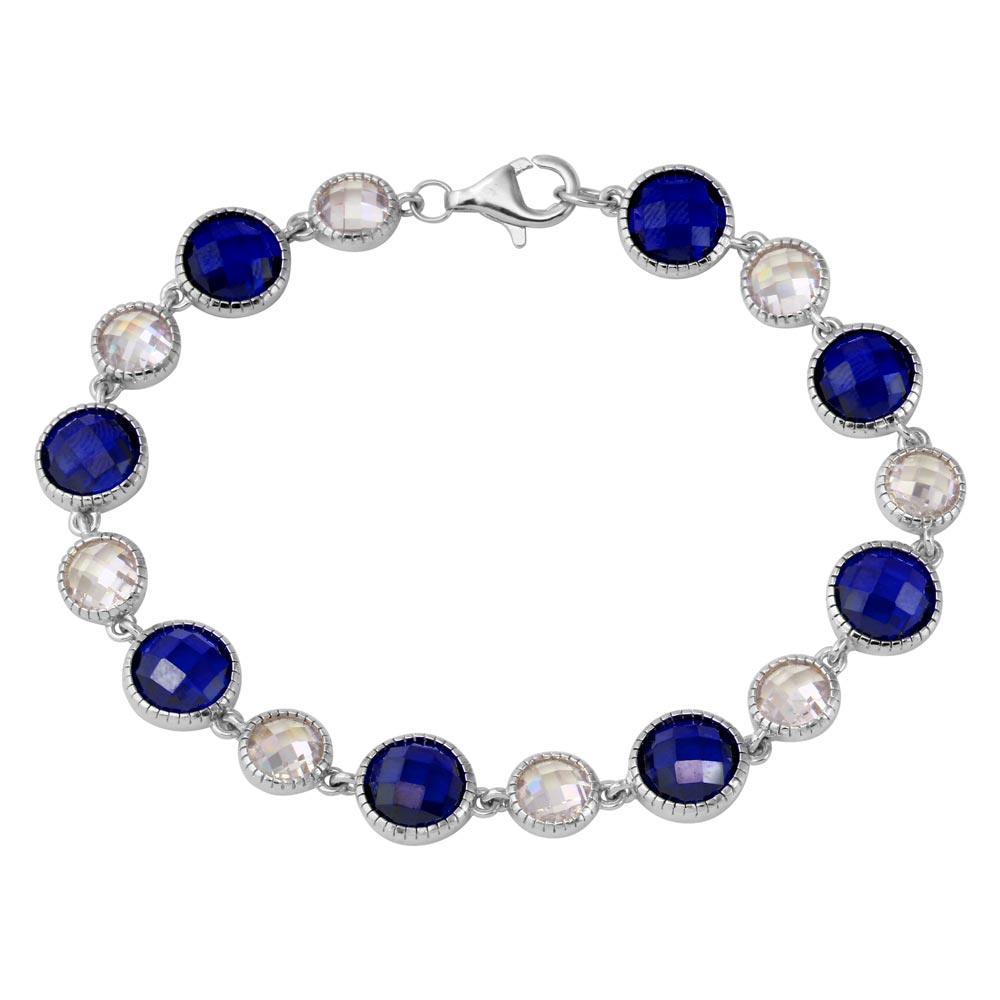 Silver 925 Rhodium Plated 9mm Alternating Round Blue and Clear CZ Tennis Bracelet - BGB00302BLU | Silver Palace Inc.