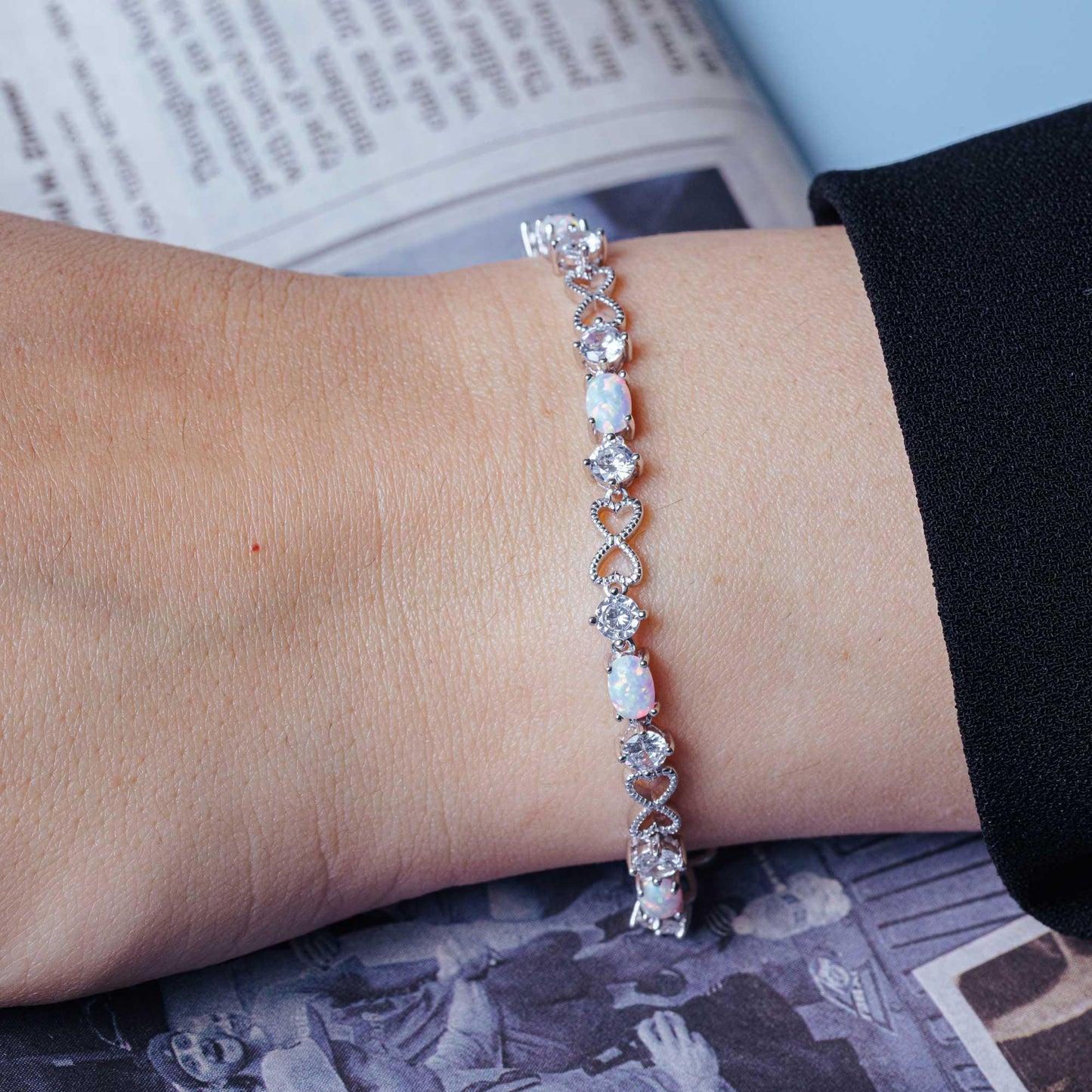 Silver 925 Rhodium Plated Infinity Hearts with CZ and Opal Stones - BGB00310