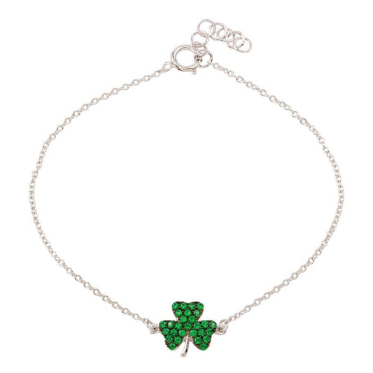 Silver 925 Rhodium Plated Clover Bracelet with Green CZ - BGB00311GRN | Silver Palace Inc.