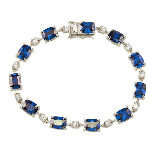 Silver 925 Rhodium Plated Clear and Blue CZ Tennis Bracelet - BGB00312BLU | Silver Palace Inc.