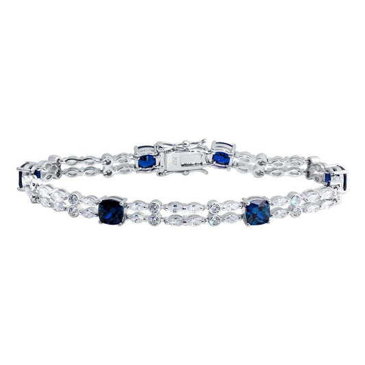 Silver 925 Rhodium Plated 2 Row Clear and Blue CZ Tennis Bracelet - BGB00332BLU | Silver Palace Inc.