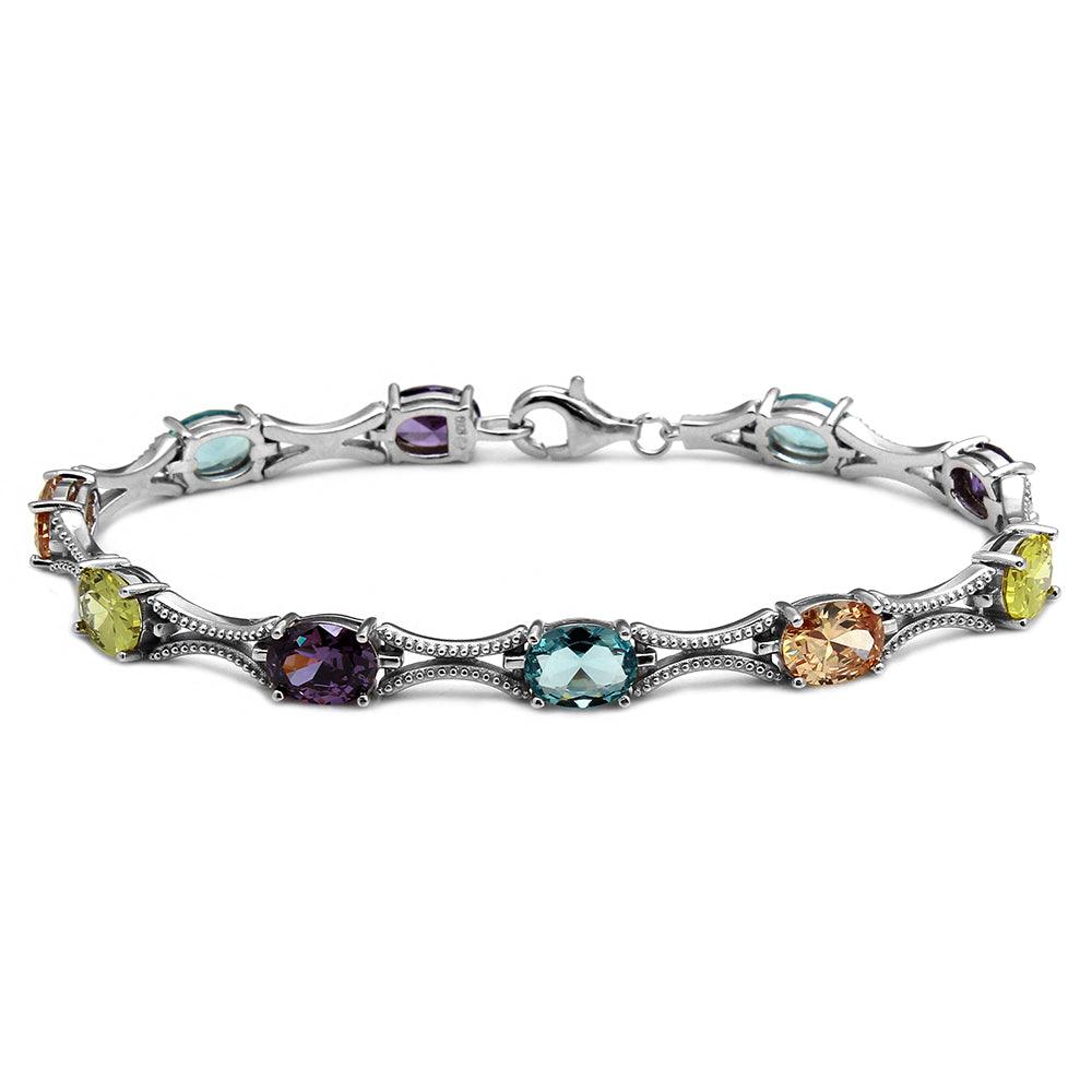 Silver 925 Rhodium Plated Multiple Color Oval CZ Tennis Bracelet - BGB00290MUL | Silver Palace Inc.