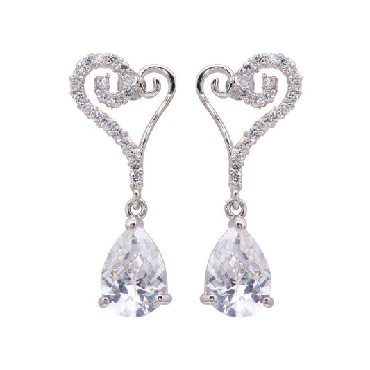 Silver 925 Rhodium Plated Open Heart CZ Dangling Stud Earrings - BGE00104 | Silver Palace Inc.