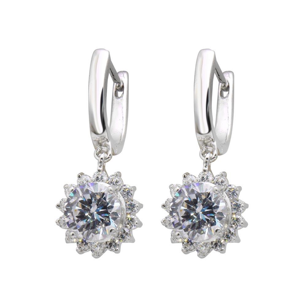 Silver 925 Rhodium Plated Sun CZ Dangling huggie hoop Earrings - BGE00119 | Silver Palace Inc.