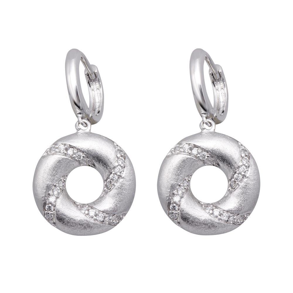 Silver 925 Rhodium Plated Open Circle Stripped CZ Dangling huggie hoop Earrings - BGE00136 | Silver Palace Inc.