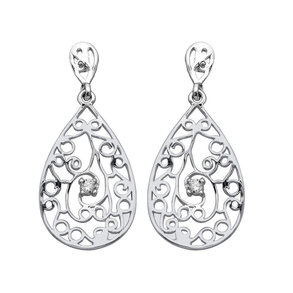 Silver 925 Rhodium Plated Teardrop Filigree Dangling Earrings - BGE00321 | Silver Palace Inc.