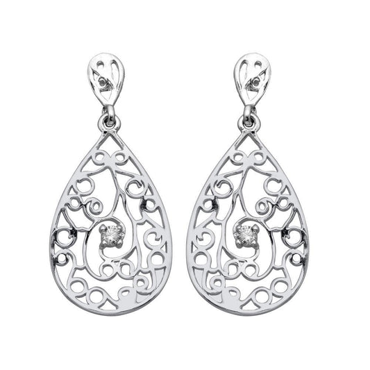 Silver 925 Rhodium Plated Teardrop Filigree Dangling Earrings - BGE00321 | Silver Palace Inc.