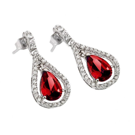 Silver 925 Rhodium Plated Channel Teardrop Red and Clear CZ Dangling Stud Earrings - BGE00366R | Silver Palace Inc.