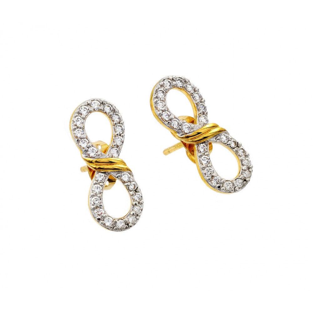 Silver 925 Gold Rhodium Plated Ribbon Infinity CZ Stud Earrings - BGE00388 | Silver Palace Inc.