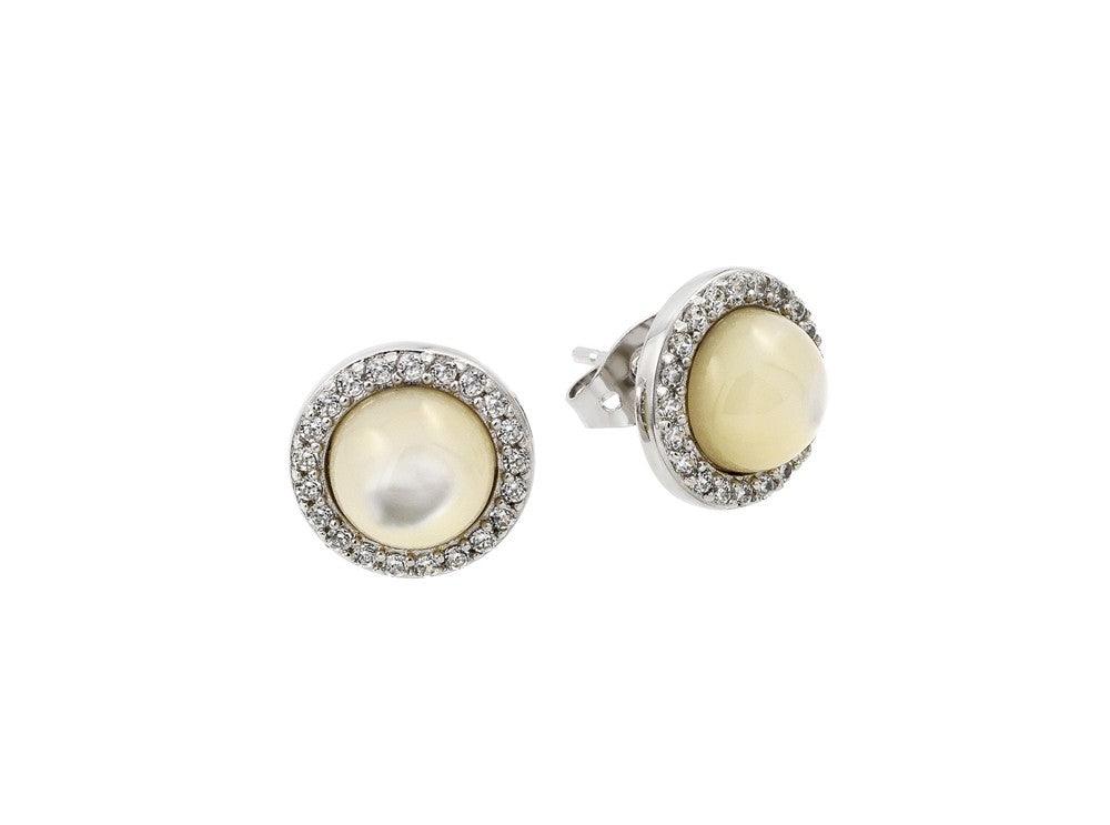 Silver 925 Rhodium Plated Round CZ Outline Center Pearl Stud Earrings - BGE00410RHD | Silver Palace Inc.